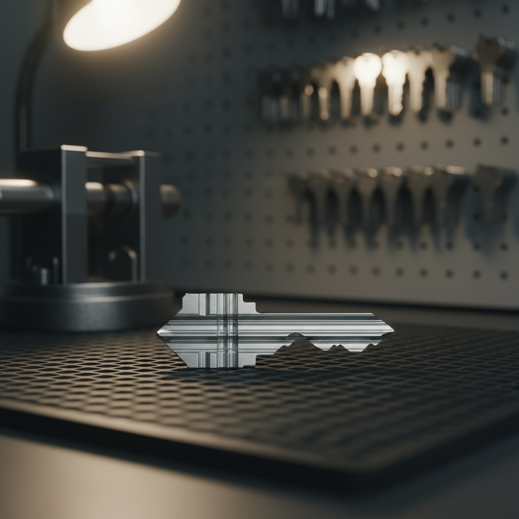 A silver key rests on a metal grid, in a gray industrial setting with workbench tools in the background.