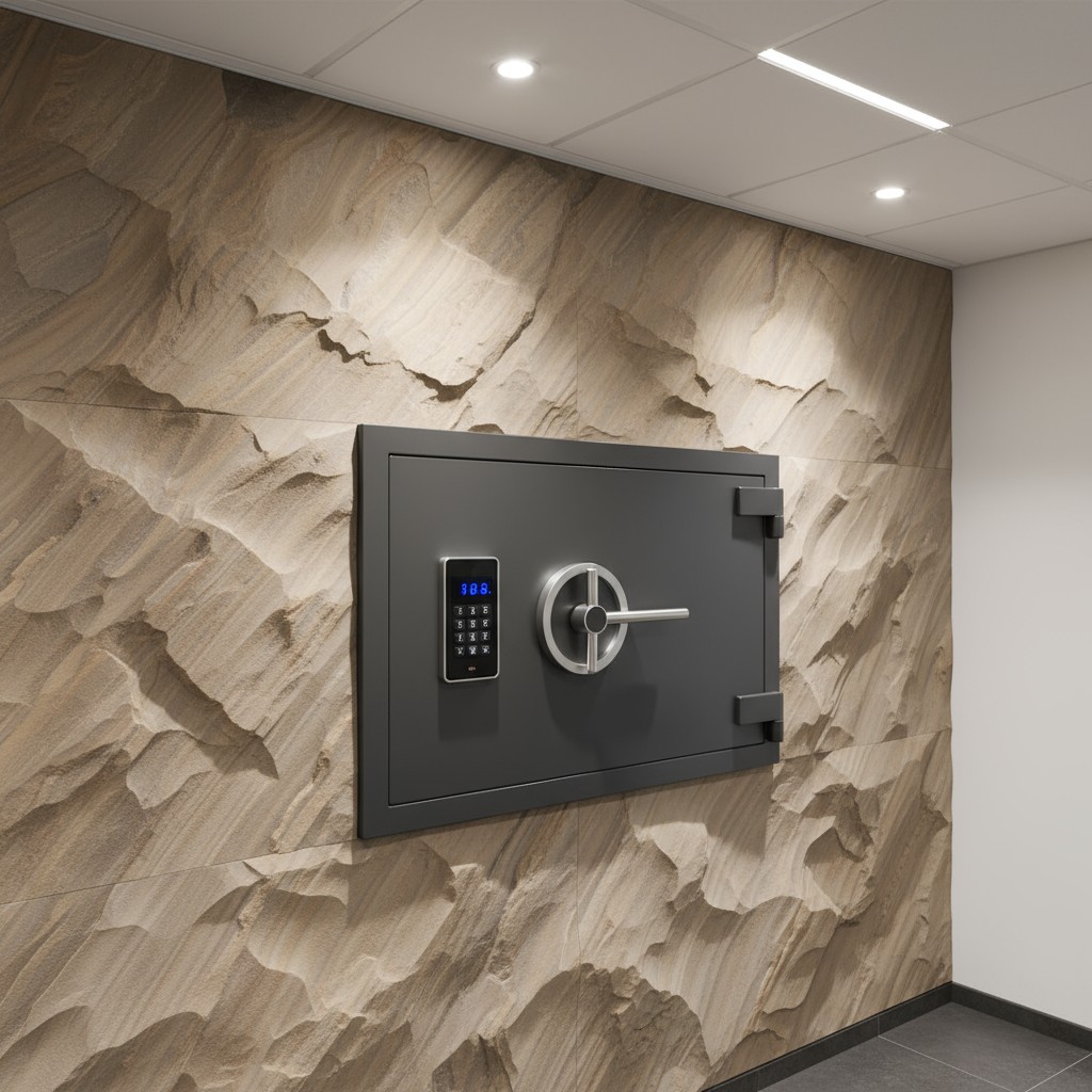 · Drawer: Position the drawer in the middle left of the image. · Door: Position the safe door above and to the right of th...