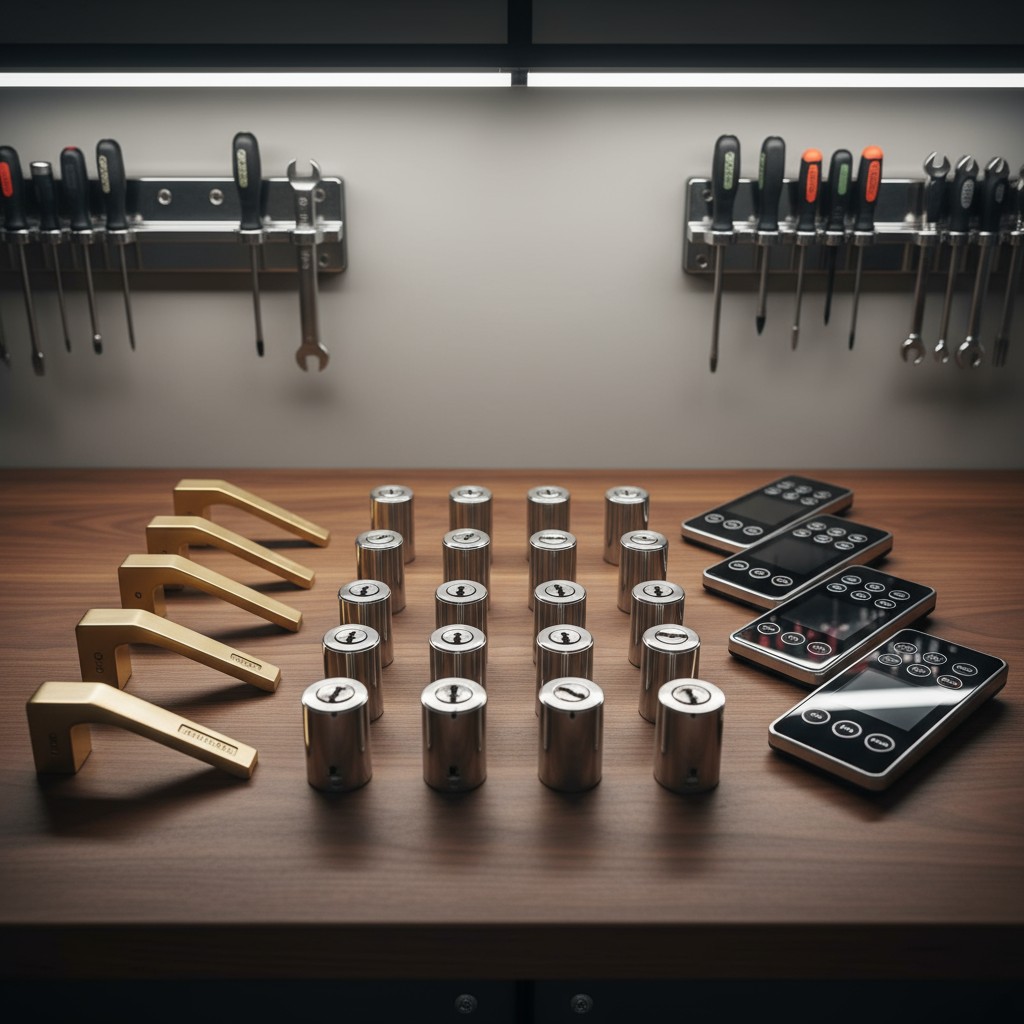 A wooden countertop with various tools and locks on it, possibly used for installing or repairing locks.